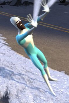 a cartoon character in blue and white body suit with arms outstretched, standing on snow covered ground next to street