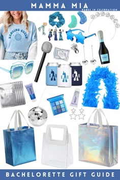 a blue and white bag with the words bachelorette gift guide on it, surrounded by other items