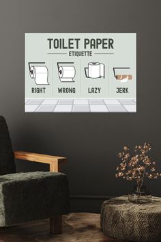 a poster on the wall shows different types of toilet paper