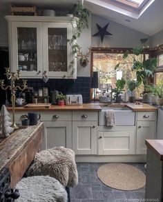 a kitchen filled with lots of counter top space and plants in the window sill