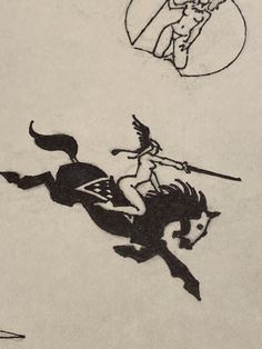 a drawing of a man riding on the back of a horse with a spear in his hand