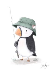 a penguin wearing a hat and holding a fishing pole