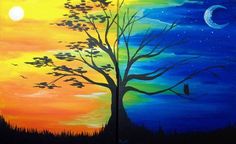 a painting of a tree with the moon in the background