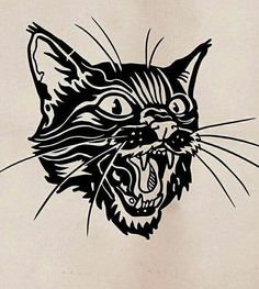 a black and white drawing of a cat's face with its mouth wide open