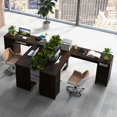 an office desk with two chairs and a laptop on it in front of a large window