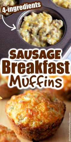 sausage breakfast muffins with cheese on top and the title above it reads, sausage breakfast muffins