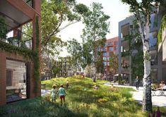 an artist's rendering of people walking in the grass next to trees and buildings