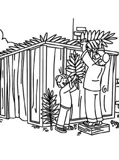 a black and white drawing of two people standing in front of a wooden structure with plants