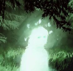 a blurry image of a person standing in the woods at night with green light coming from their eyes