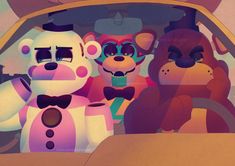 three stuffed animals sitting in the back seat of a car