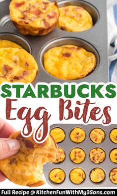 an egg muffin in a muffin tin with the words starbucks's egg bites