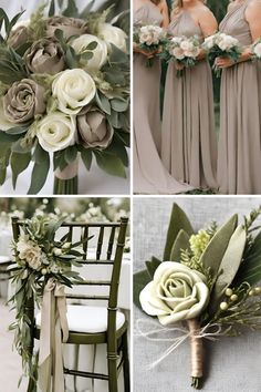 wedding bouquets and bridesmaid's dresses are arranged in four different pictures