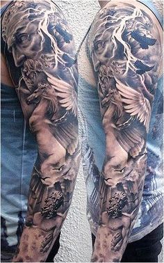 a man's arm with an angel and demon tattoo on it