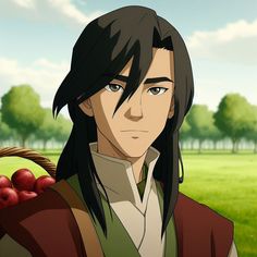 an anime character with long black hair holding a basket of apples in front of him