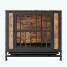 a wooden cabinet with metal bars on top