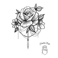 a black and white drawing of a rose with leaves on it's back side