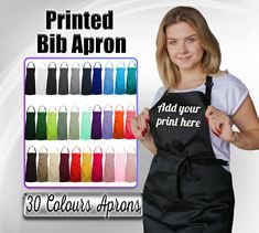 a woman wearing an apron with the words, printed bib apron add your print here