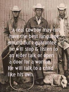 three men in cowboy hats standing next to each other with a dog on the ground