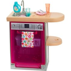 a toy kitchen with sink, stove and dishwasher on the top shelf is shown