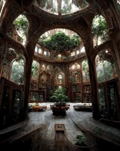 the inside of a building with lots of windows and plants growing on it's walls