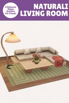 a living room with a couch, coffee table and lamp on the floor in front of it