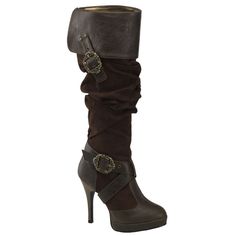 Take your sexy pirate costume to the next level with these magnificent knee high platform boots. They feature brown slouched faux-suede and a thick fold over polyurethane cuff that looks like distressed leather. These stunning female pirate boots are adorned with intricate octopus buckles, faux-leather straps, and a wood-like 4 1/2 inch heel. And the best part-they are easy to get on and off with the full-length inner leg zipper. Get ready to turn heads! Women Pirate Shoes, Pirate Wench Accessories, High Platform Boots, Pirate Boots, Knee High Platform Boots, Pirate Outfit, Secret Place, Pirate Woman, Slouched Boots