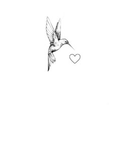 a black and white drawing of a bird flying with a heart in the sky behind it