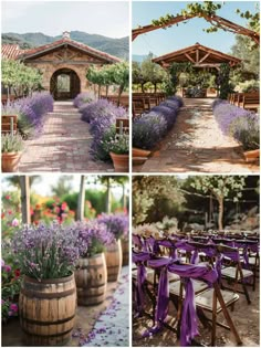 the wedding venue is decorated with lavender flowers