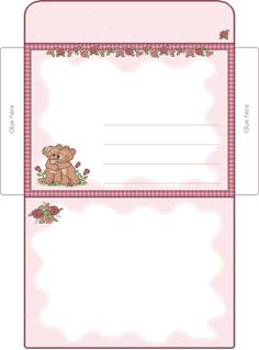 an envelope with a teddy bear and flowers on the front, and a pink border around it