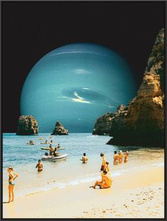 some people are on the beach and there is a large blue ball in the sky