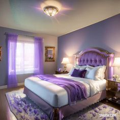 a bedroom with purple and white decor in it