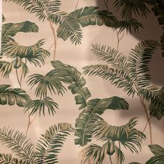 a wallpaper with palm trees and green leaves on it's back dropper