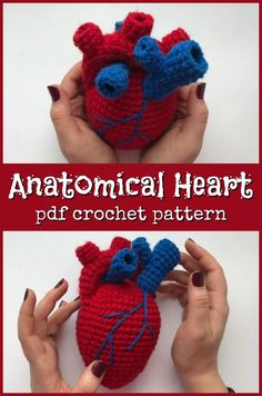 crocheted heart with two hands holding it in the shape of a human heart