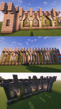 three different views of an old castle in minecraft