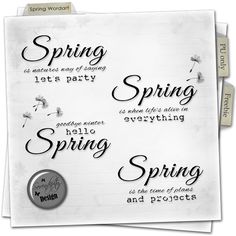 some type of paper with words and pictures on it, including the word spring written in black