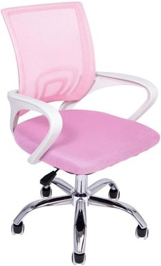 a pink office chair with chrome base and mesh backrest, viewed from the front