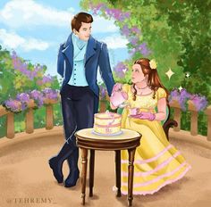 a painting of a man and woman sitting at a table in front of a cake