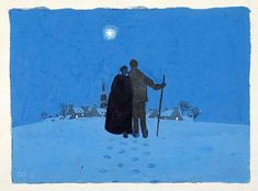 an image of a man and woman walking in the snow at night with a full moon behind them