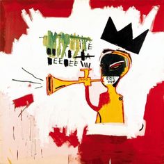 a painting with a crown on top of it and a trumpet in the foreground