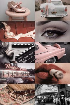 the collage shows many different pictures including an old car, a woman's face and