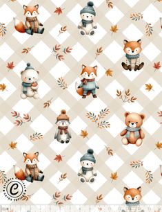 an image of a pattern with bears and leaves on the checkerboard background for wallpaper