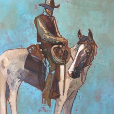 a painting of a man riding on the back of a white horse wearing a cowboy hat