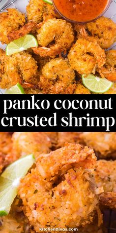 this is an image of panko coconut crusted shrimp with dipping sauce on the side