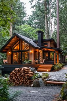 a small cabin in the woods with lots of wood stacked on the ground and stairs leading up to it