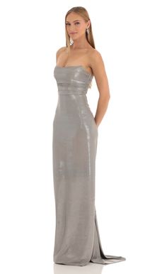 Metallic Corset Maxi Dress in Silver | LUCY IN THE SKY Metallic Corset, Silver Maxi Dress, Corset Maxi Dress, Deb Dresses, Strapless Prom Dress, Lucy In The Sky, Casual Day Dresses, Pleated Maxi Dress, Straight Dress