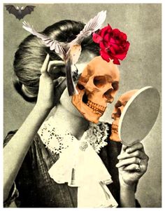 a woman holding a mirror with a skull in front of her face and a red rose on top of it