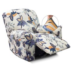 an upholstered reclining chair with blue and orange flowers