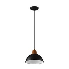 a black and white light hanging from a ceiling fixture with an orange wooden handle on the end