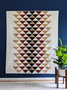 a quilt hanging on the wall next to a potted plant in front of it