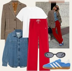 What To Wear To Work Today Casual, Red Pants Street Style, Ladies Who Lunch Outfits, Adidas Red Pants Outfit, Red Sweats Outfit, Portuguese Street Style, Red Track Pants Outfit, Red Trousers Outfit Casual, Red Pants Outfit Winter